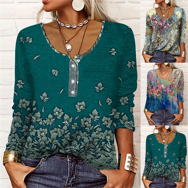 Leire | T-shirt a maniche lunghe con scollo a U, stampa floreale geometrica e bottoni