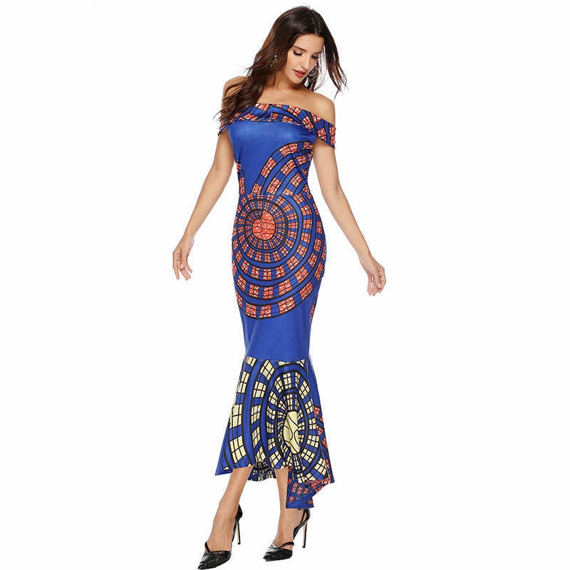 Ladies Off-Shoulder Graphic Print Maxi Dress Ivyshape