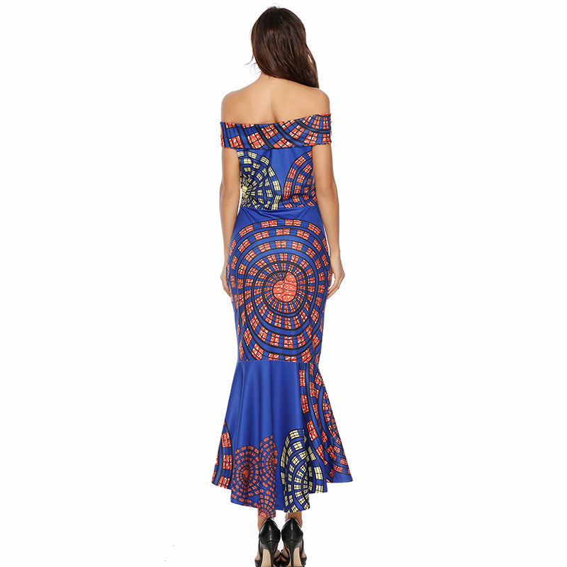 Ladies Off-Shoulder Graphic Print Maxi Dress Ivyshape