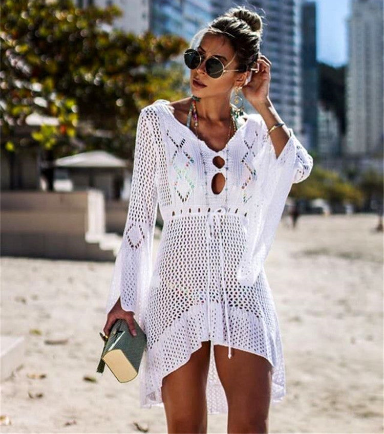 Women Casual Crochet Beach Cover-Up with Deep V-Neck and Loose Fit Ivyshape