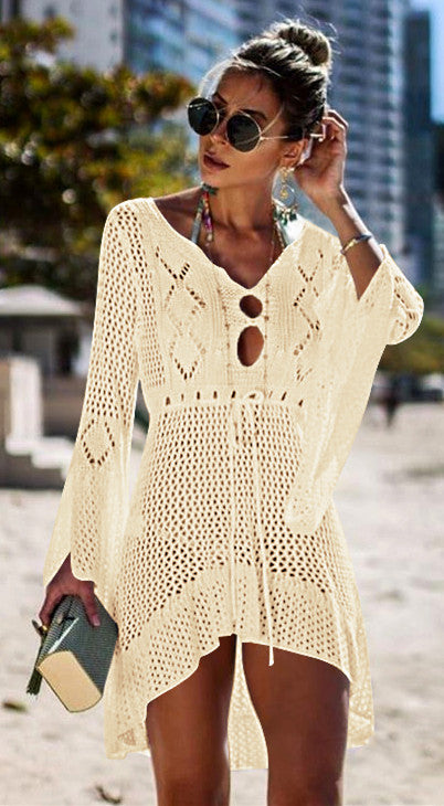 Women Casual Crochet Beach Cover-Up with Deep V-Neck and Loose Fit Ivyshape