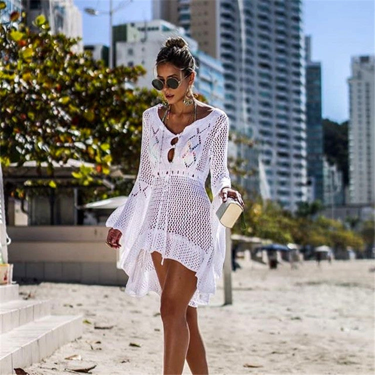 Women Casual Crochet Beach Cover-Up with Deep V-Neck and Loose Fit Ivyshape