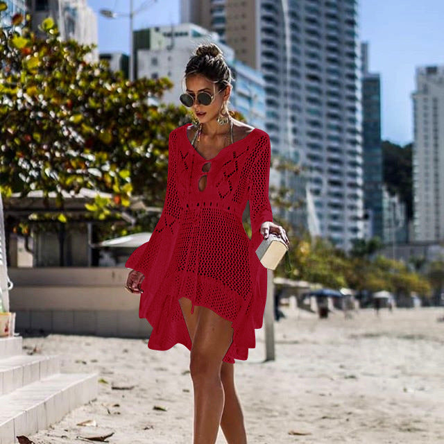 Women Casual Crochet Beach Cover-Up with Deep V-Neck and Loose Fit Ivyshape
