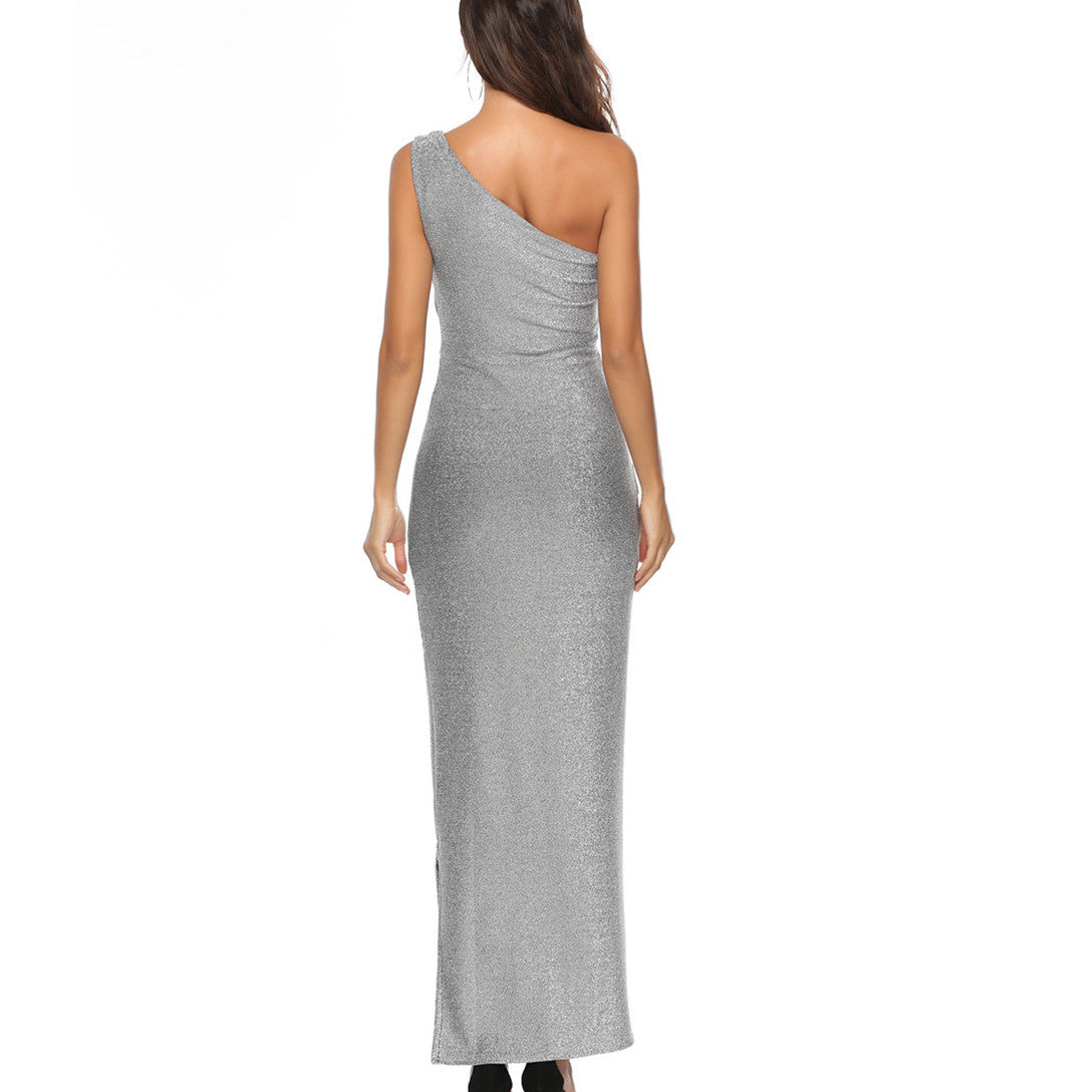 Ladies Elegant One-Shoulder Glitter Wrap Dress Ivyshape
