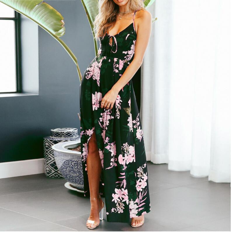 Ladies maxi dress with deep neckline and side slit Ivyshape