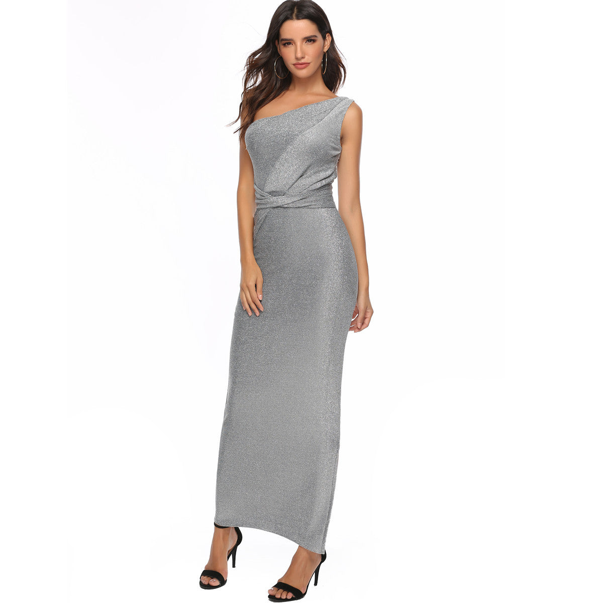 Ladies Elegant One-Shoulder Glitter Wrap Dress Ivyshape