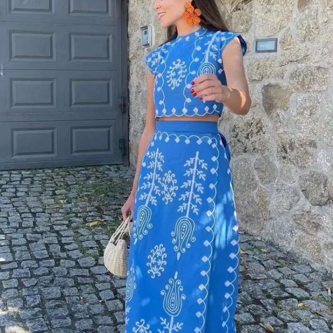 Carmen – Boho Embroidered Two-Piece Set with Crop Top & Wrap Skirt