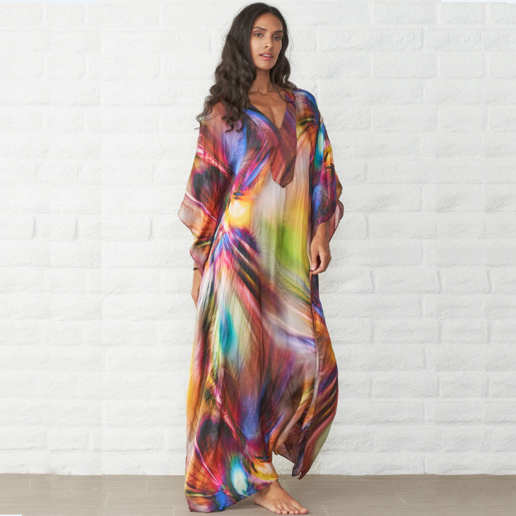 Ladies Maxi Beach Dress with Flowing Color Gradient and Loose Fit Ivyshape