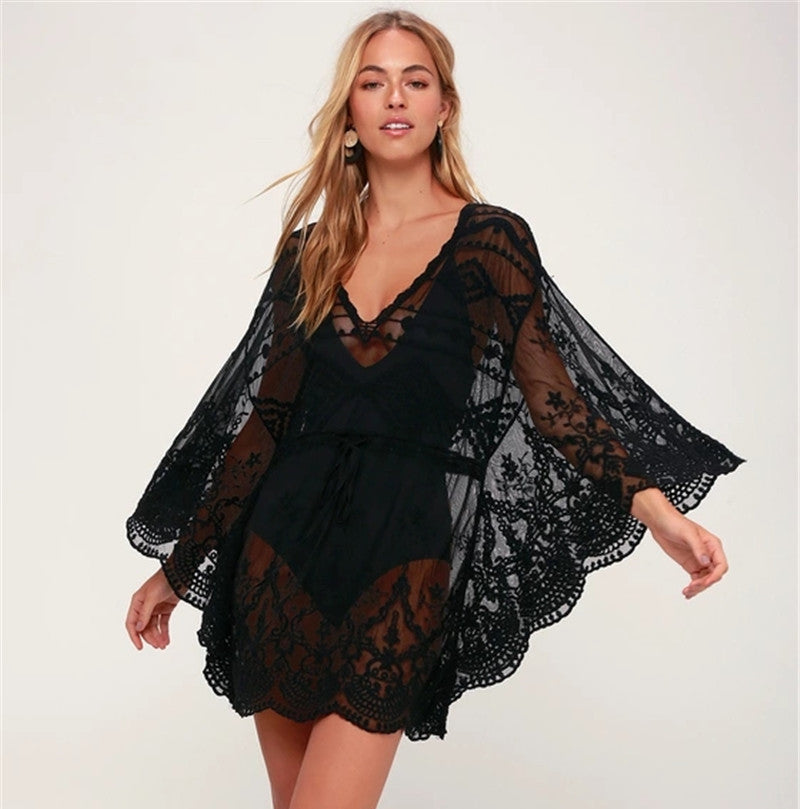 Women's Beach Tent Kimono with Handmade Lace Accents Ivyshape