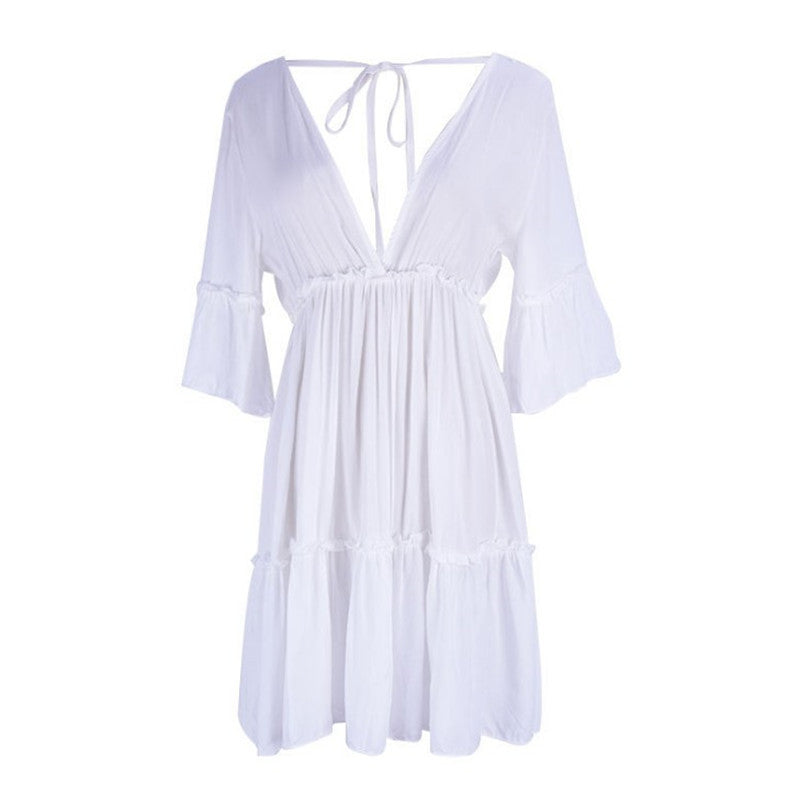 Ladies Summer Beach Dress with V-Neck and Ruffle Details Ivyshape