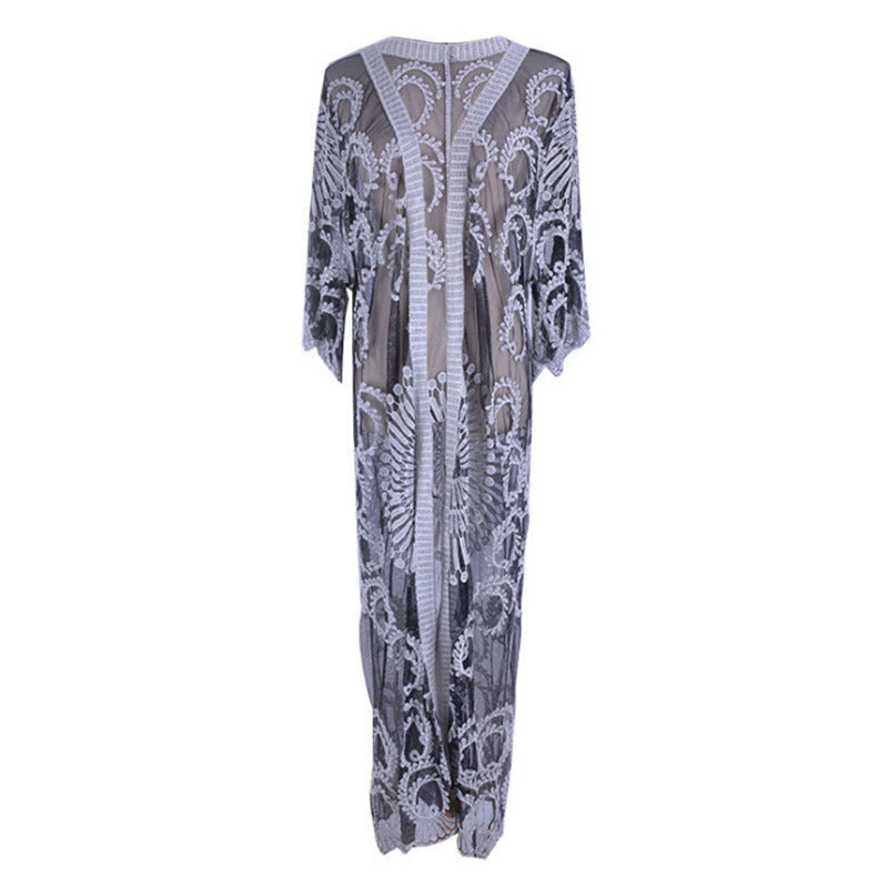 Women's elegant transparent beach coat with elaborate lace embellishment Ivyshape