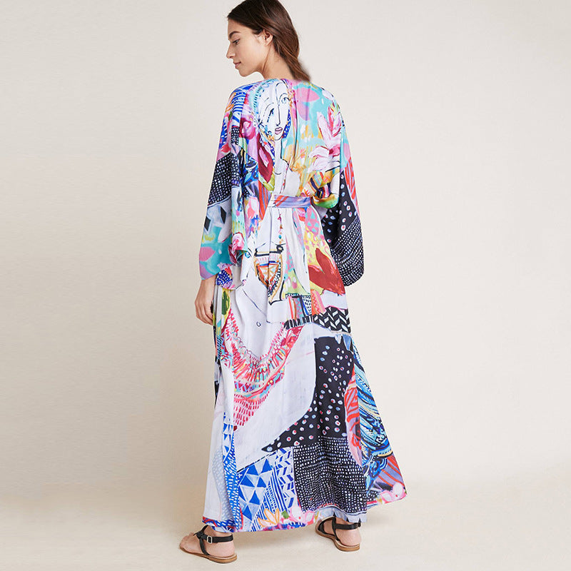 Women's long beach kimono with colorful patterns Ivyshape