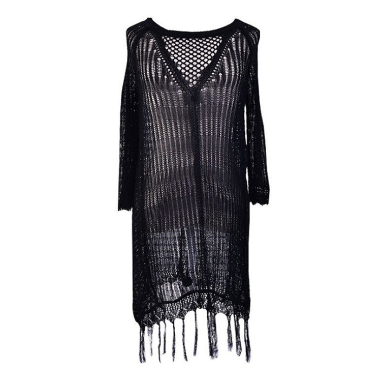 Ladies Crochet Beach Dress with Fringes and Air Points Ivyshape