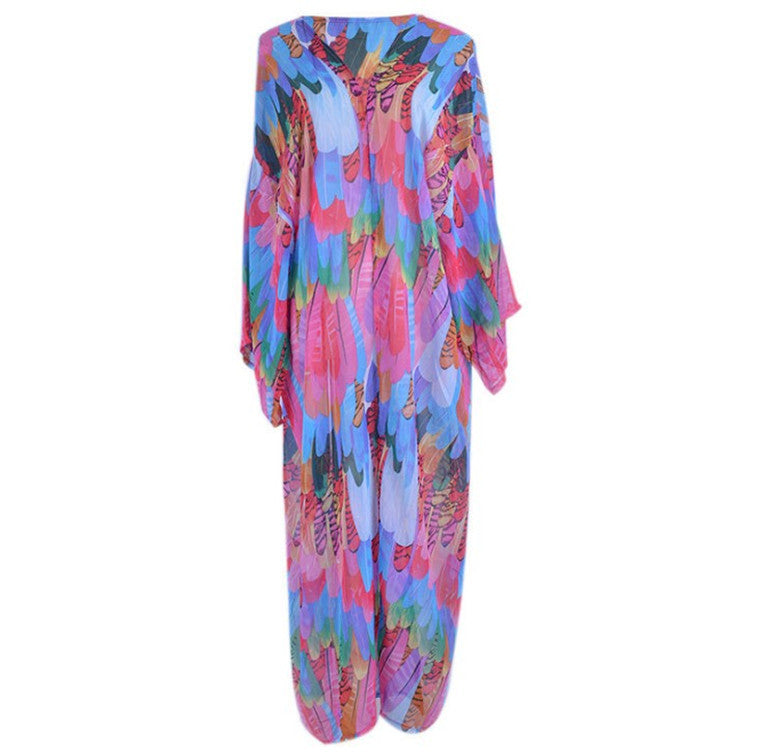 Women's Transparent Beach Kimono with Colorful Feather Design Ivyshape