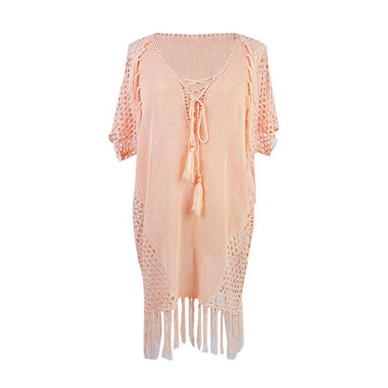 Women's net beach cover-up with elegant fringes and deep V-neck Ivyshape