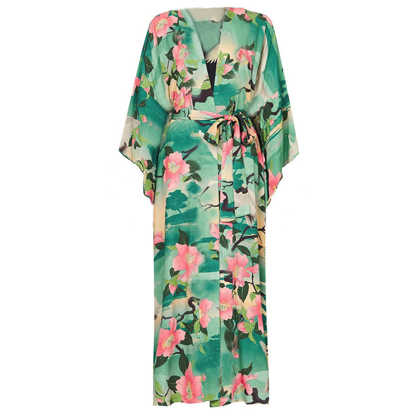 Women's Maxi Beach Dress with Elegant Side Slits and Floral Pattern Ivyshape