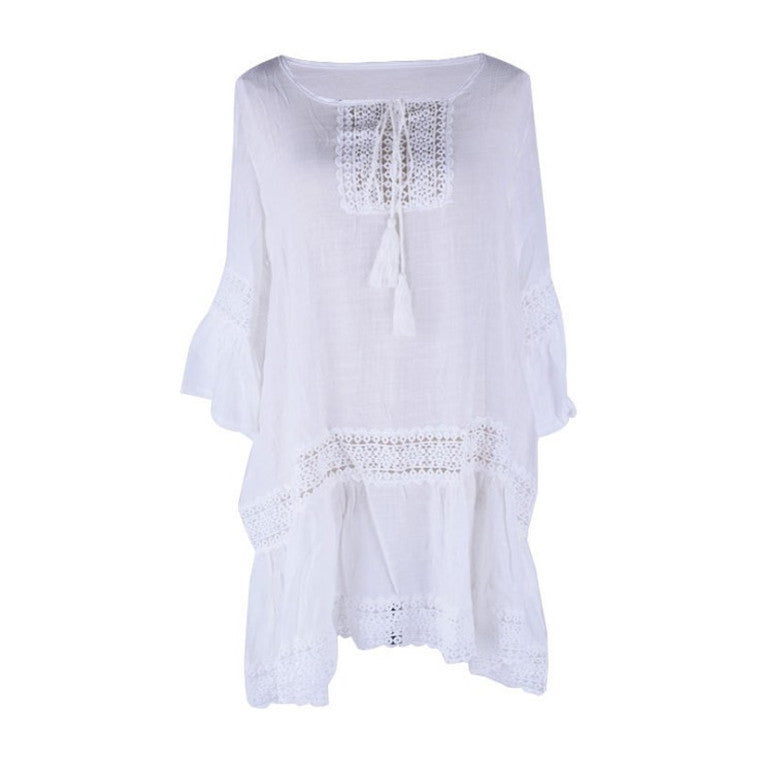 Women's beach dress with refined crochet and ruffle sleeves Ivyshape
