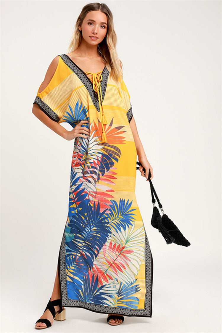 Women’s Maxi Kaftan with colorful pattern print and side slits Ivyshape