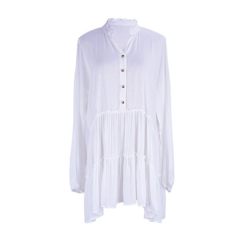 Women's Airy Short Dress with Button Detail and Ruffle Hem Ivyshape