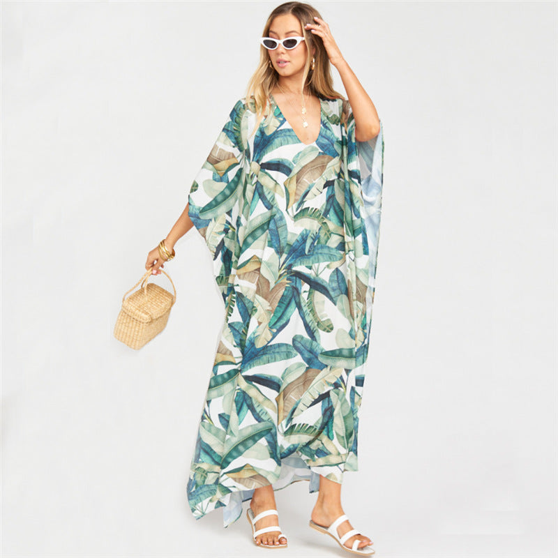 Ladies beach kaftan with floral leaf pattern and elegant cut Ivyshape