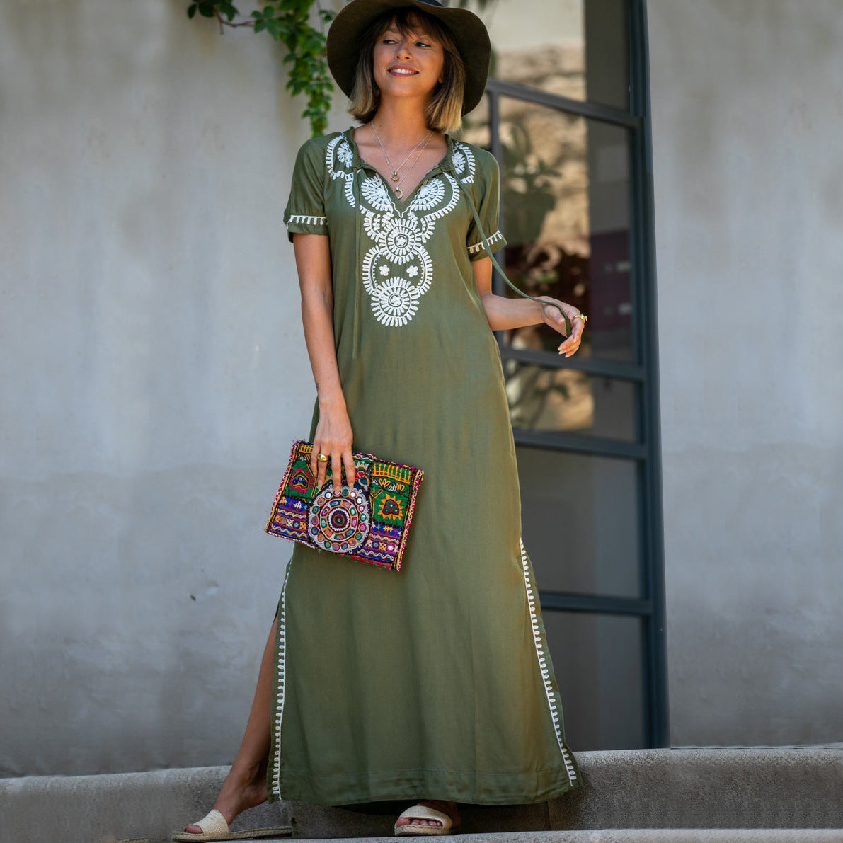 Ladies maxi dress with even hand embroidery Ivyshape