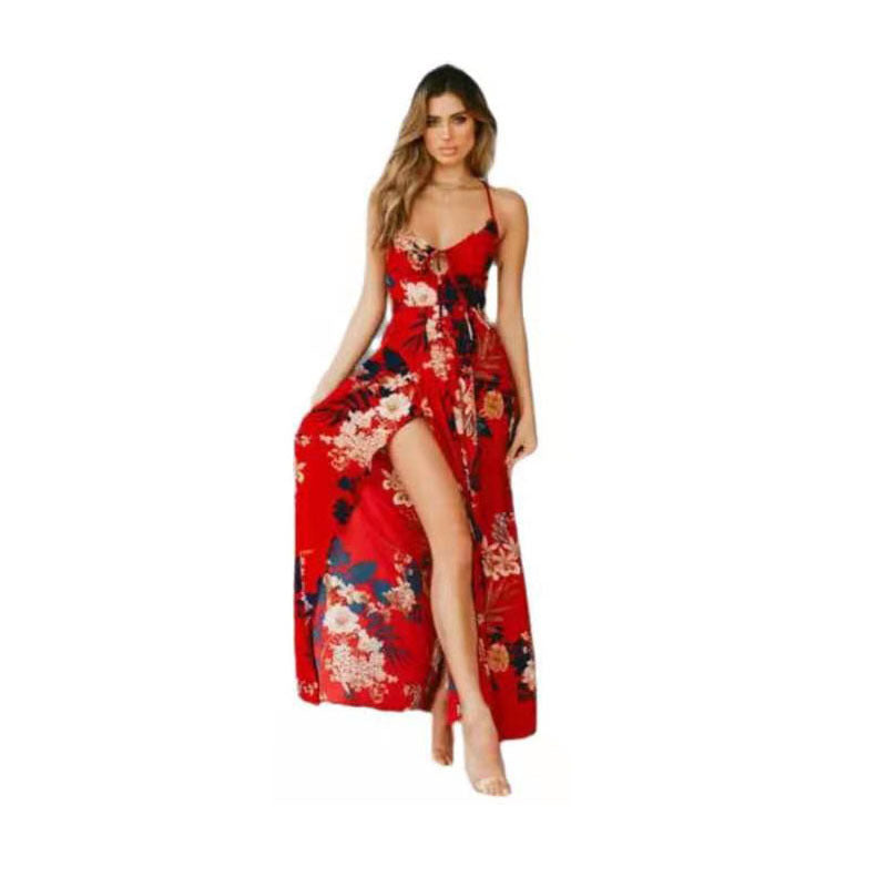 Ladies maxi dress with deep neckline and side slit Ivyshape