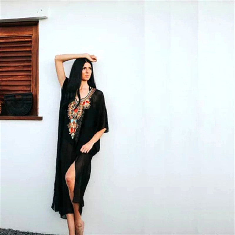 Women's Beach Tunic Throw with Colorful Embroidery Pattern Ivyshape