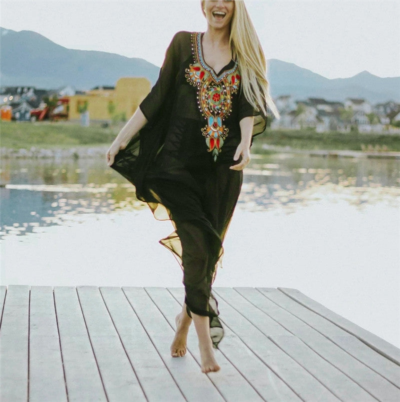 Women's Beach Tunic Throw with Colorful Embroidery Pattern Ivyshape