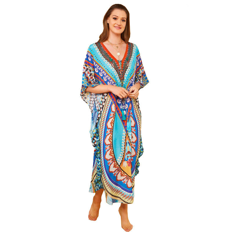 Women's beach caftan with colorful, artistic print and wide sleeves Ivyshape