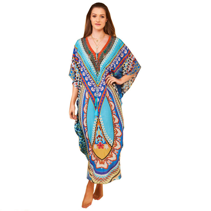 Women's beach caftan with colorful, artistic print and wide sleeves Ivyshape