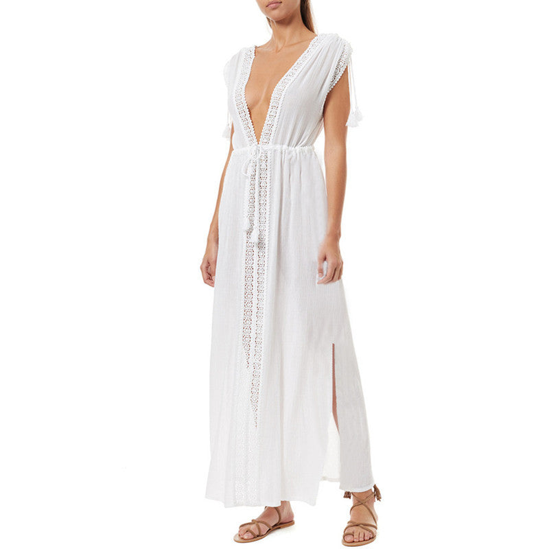 Ladies Maxi Beach Dress with elegant refined V-neck and side slit Ivyshape