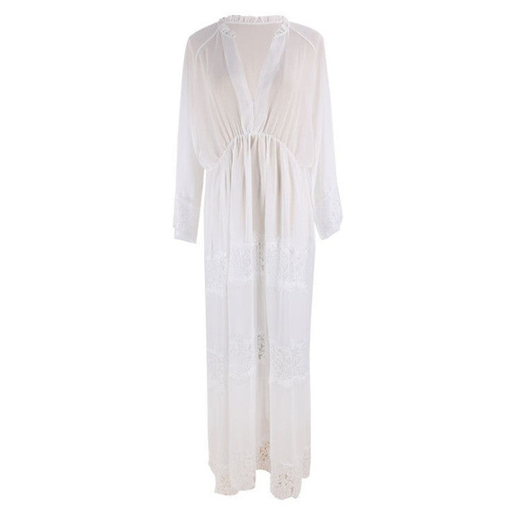 Women transparent beach robe with voluminous lace bottom Ivyshape