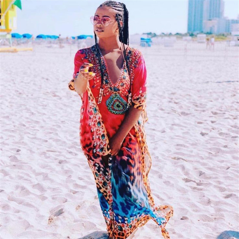 Ladies beach kaftan with artistic animal design and elegant embellishments Ivyshape