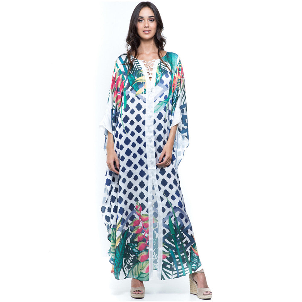 Ladies beach cover-up with tropical design and relaxed fit Ivyshape