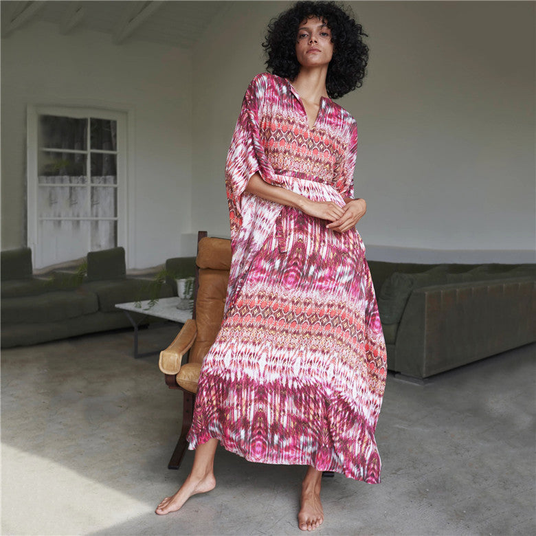 Ladies maxi dress with colorful ethnic pattern and flowing cut Ivyshape