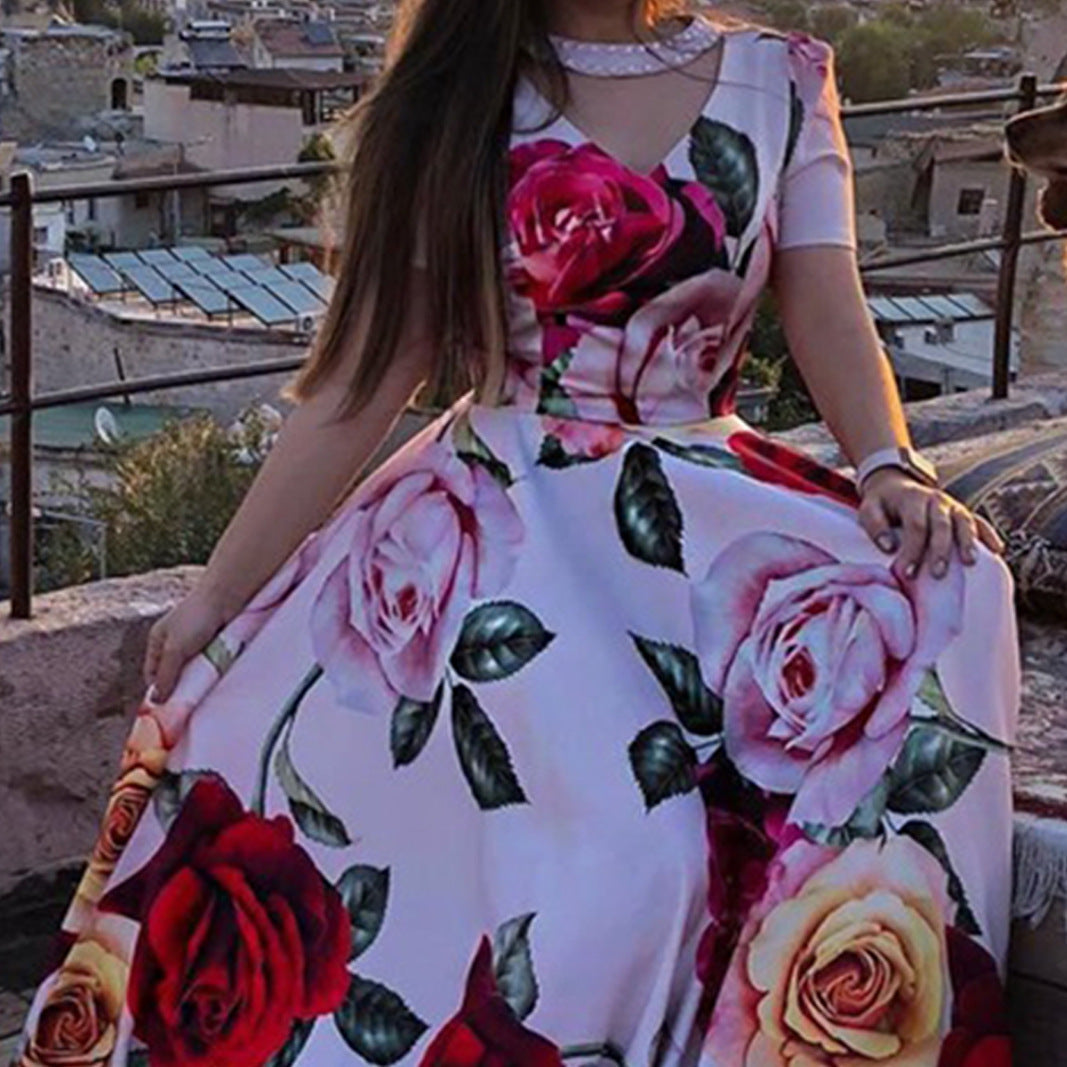 Ladies maxi dress with romantic floral design and elegant round neckline Ivyshape