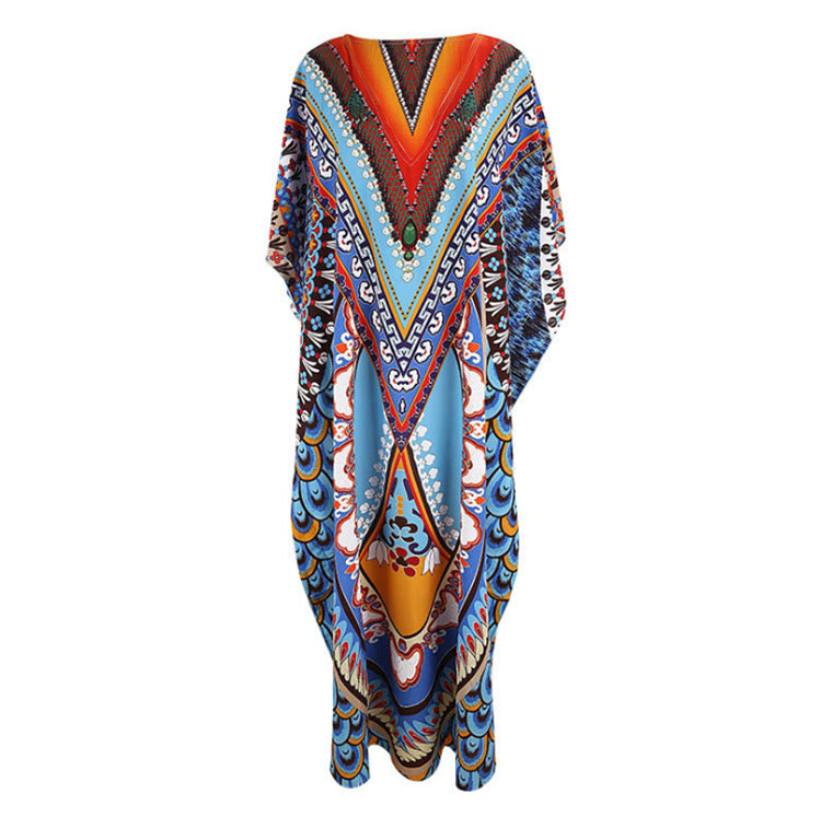Women's airy kaftan with embroidered tropical motif Ivyshape