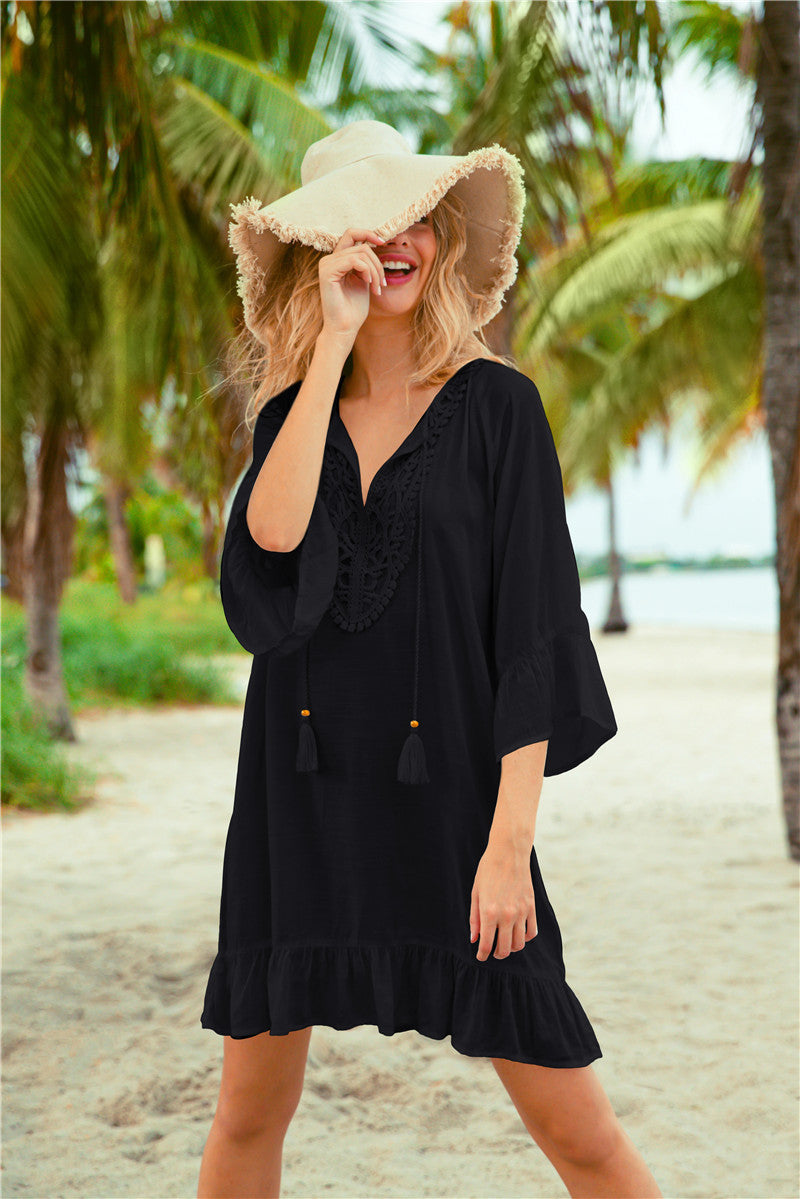 Women's beach tunic with elegant crochet pattern and ruffle details Ivyshape