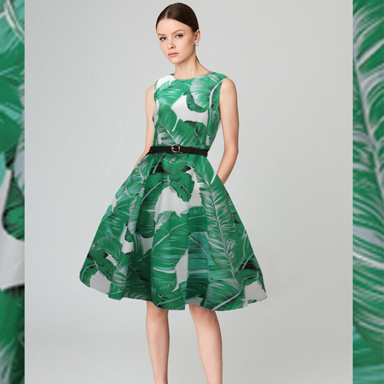 Women's Rockabilly Dress with Tropical Leaf Pattern Ivyshape
