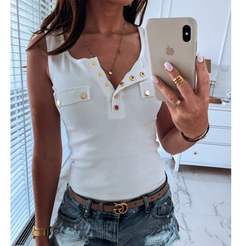Women Button Closure Ribbed Top Ivyshape