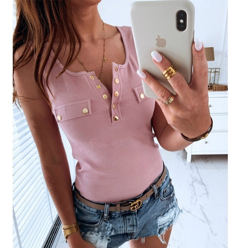 Women Button Closure Ribbed Top Ivyshape