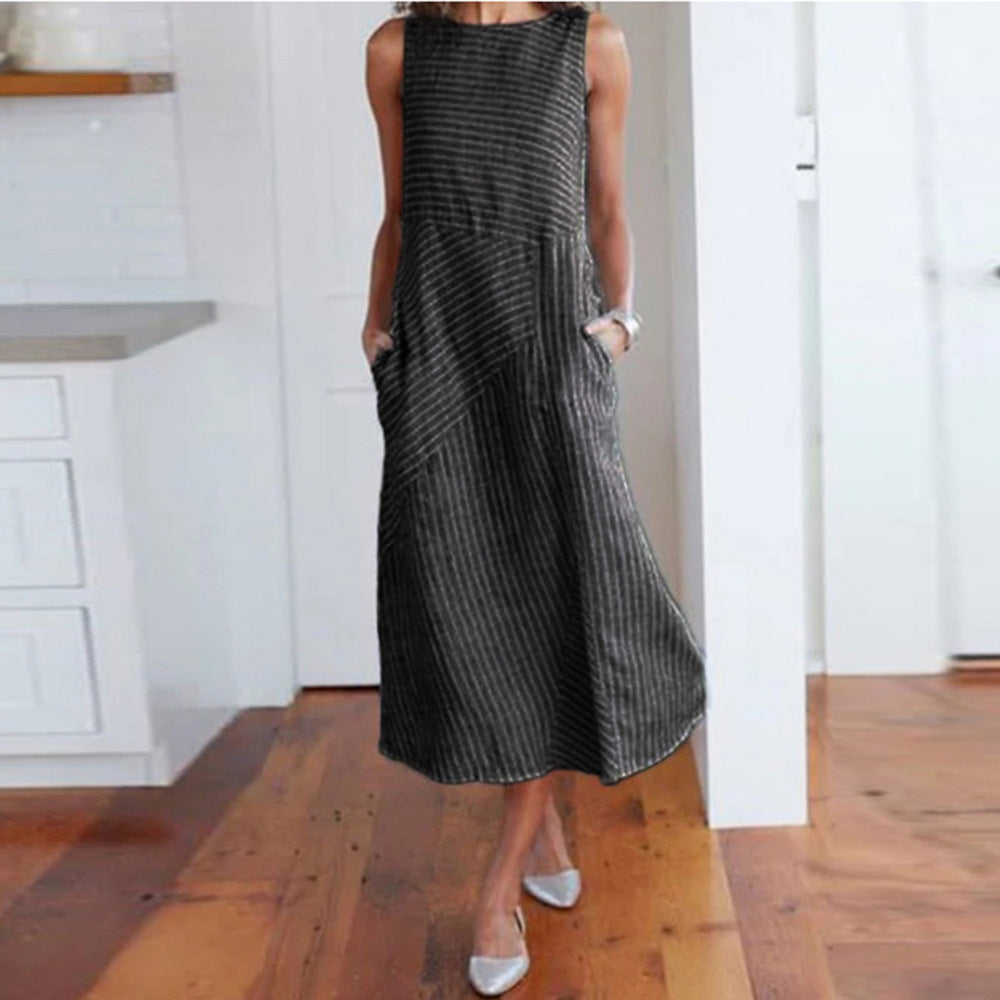 Women's Casual Striped Maxi Dress with Pockets Ivyshape