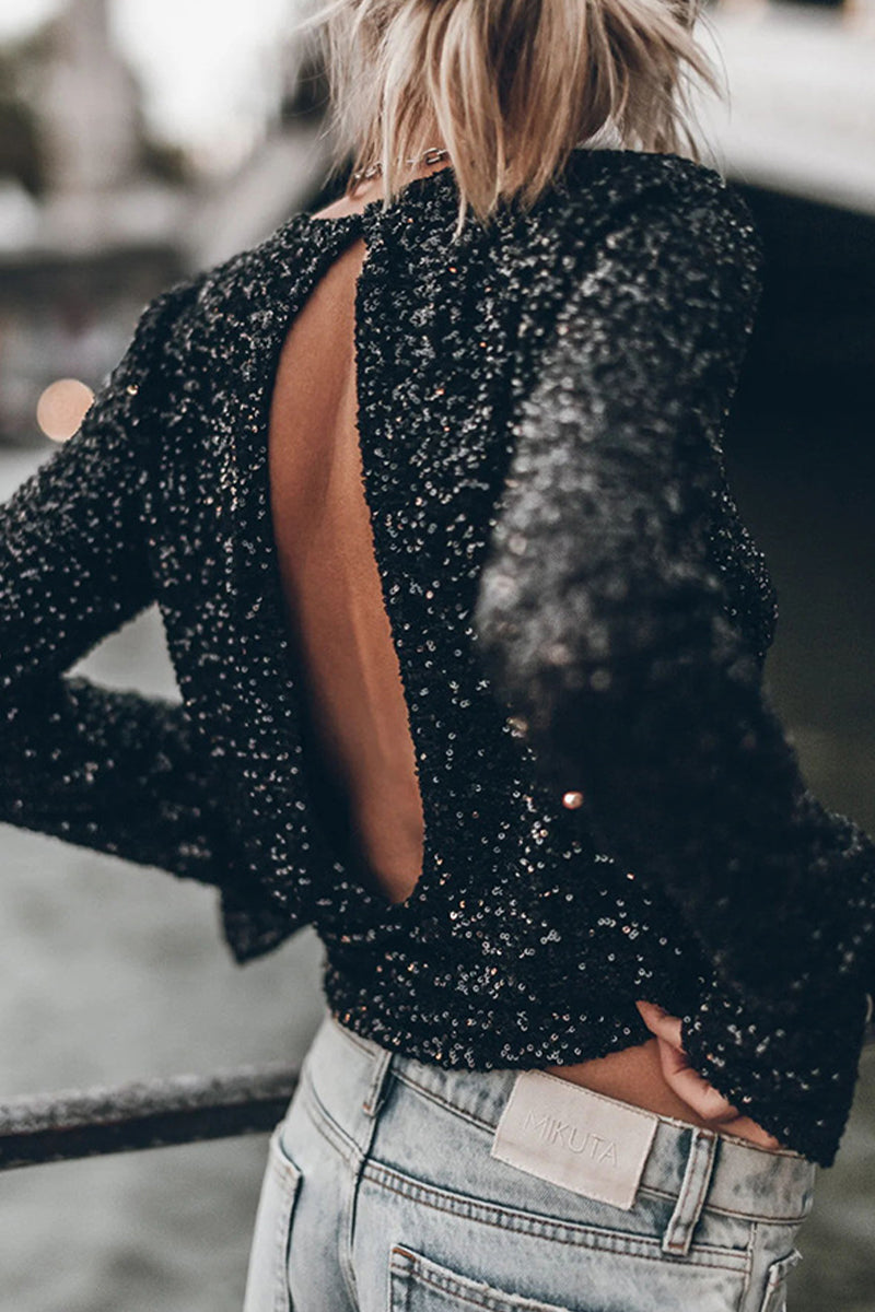 Isabella | Maglia argento con paillettes e maniche lunghe