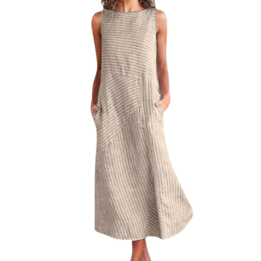 Women's Casual Striped Maxi Dress with Pockets Ivyshape