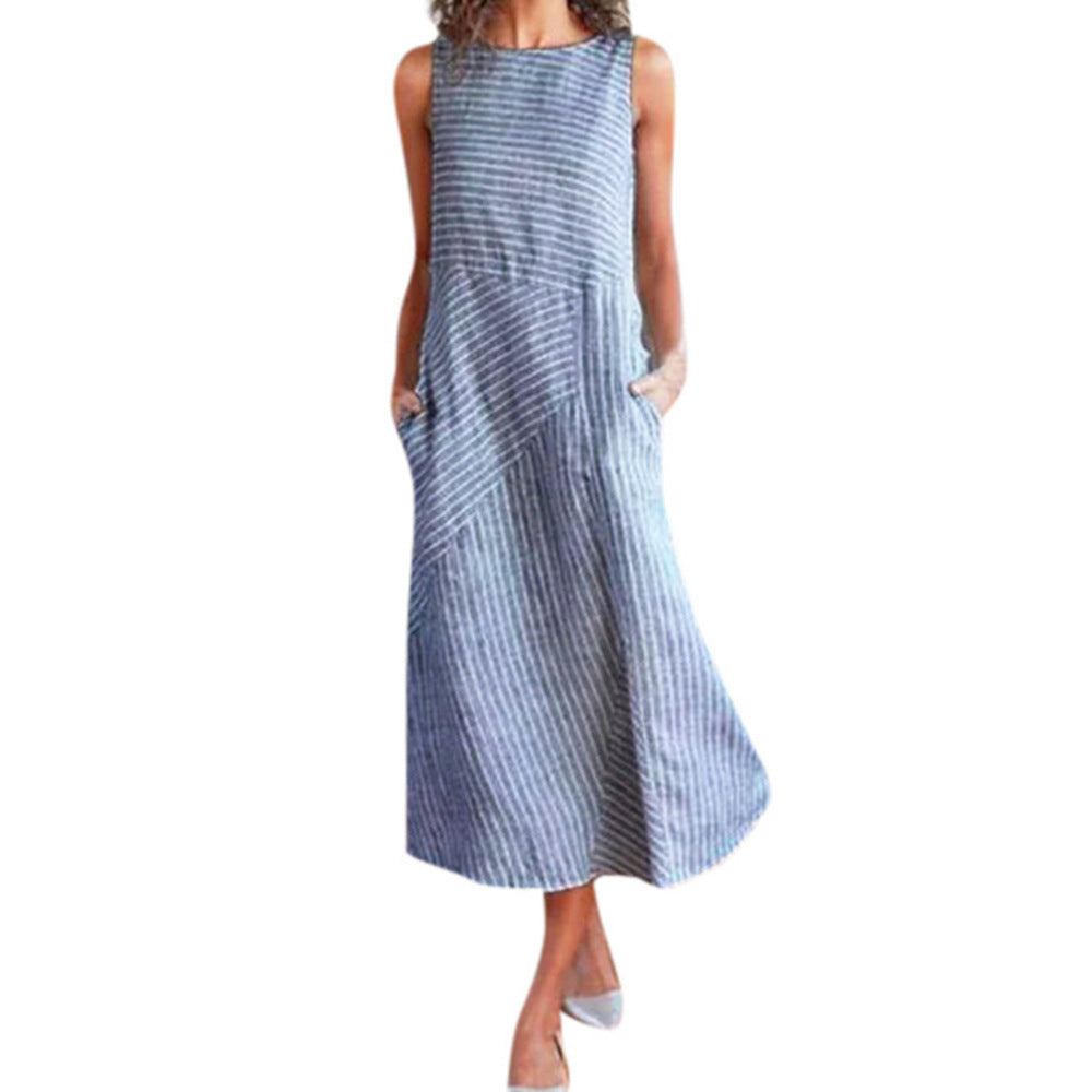 Women's Casual Striped Maxi Dress with Pockets Ivyshape
