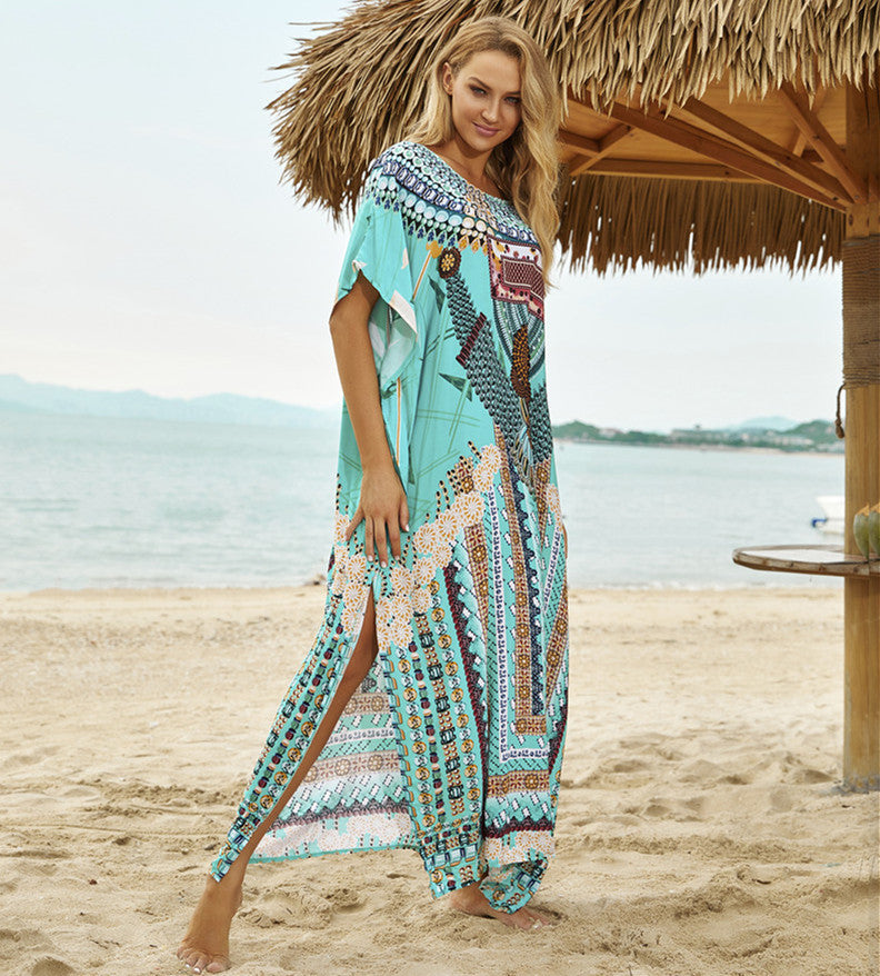 Ladies beach tunic with artistic print and side slits Ivyshape