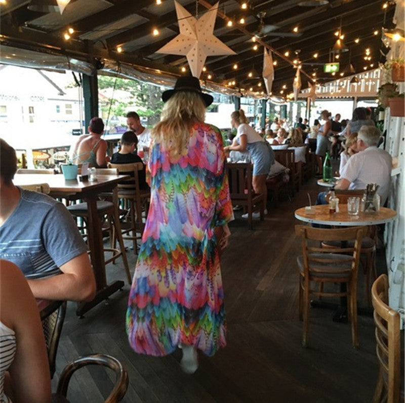 Women's Transparent Beach Kimono with Colorful Feather Design Ivyshape