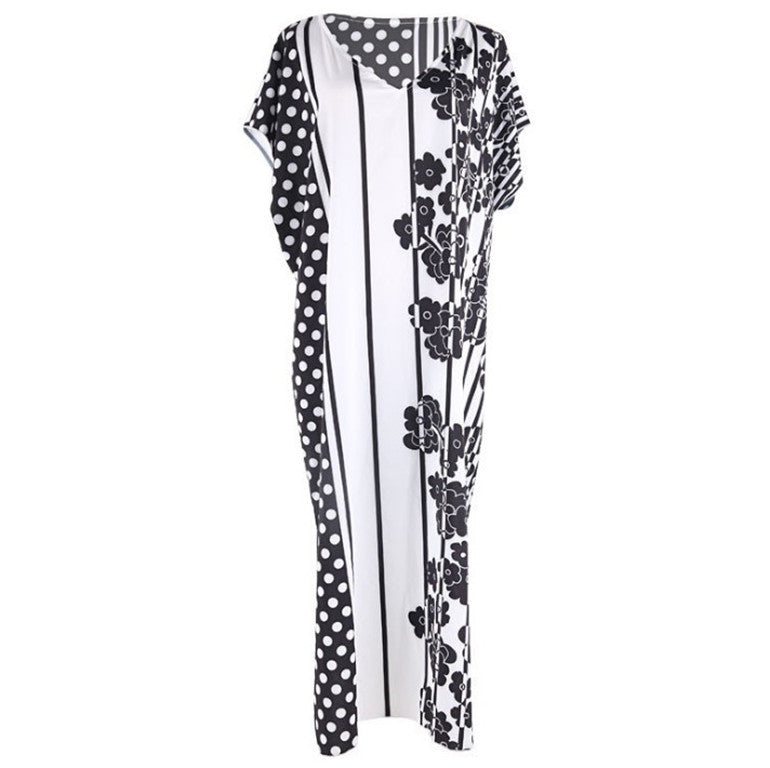 Women's beach dress in modern patchwork design with floral accent Ivyshape
