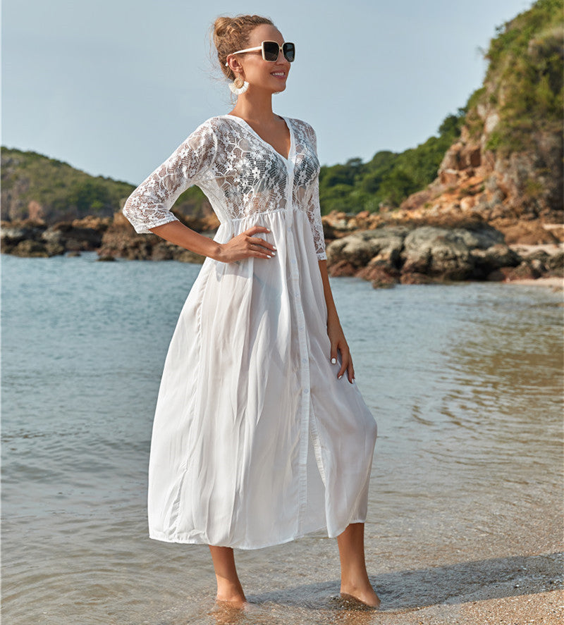Women's elegant beach cover-up with romantic crochet accents and airy silhouette Ivyshape