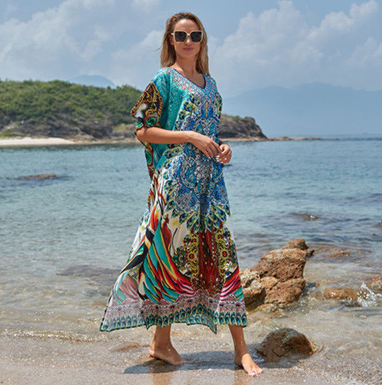 Ladies airy beach kaftan with intricate mandala pattern and wide sleeves Ivyshape
